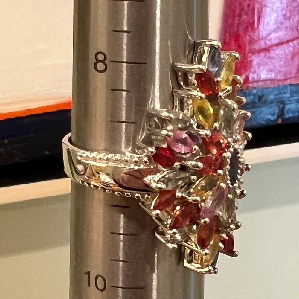Multi Sapphire .925 Silver Gemstone Cluster Ring - Picture 2 of 6